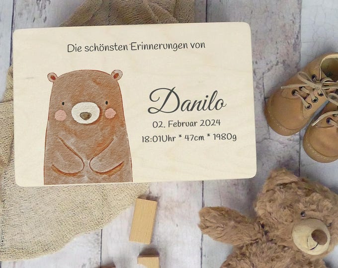 Memory box, personalized, baby, birth gift, bear, elephant, animals, childhood memories, FSC certified, little miracle