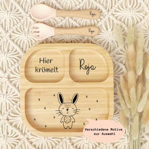 Personalisierter Kinderteller, Babyteller mit Saugnapf, Bambusteller mit Namen, Teller mit Gravur, Kinderbesteck set, Babybesteck Silikon