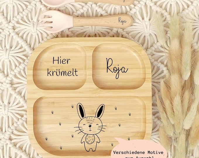 Personalized children's plate, baby plate with suction cup, bamboo plate with name, plate with engraving, children's cutlery set, baby cutlery silicone