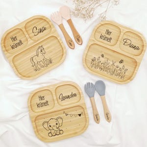 Personalisierter Kinderteller, Babyteller mit Saugnapf, Bambusteller mit Namen, Teller mit Gravur, Kinderbesteck set, Babybesteck Silikon