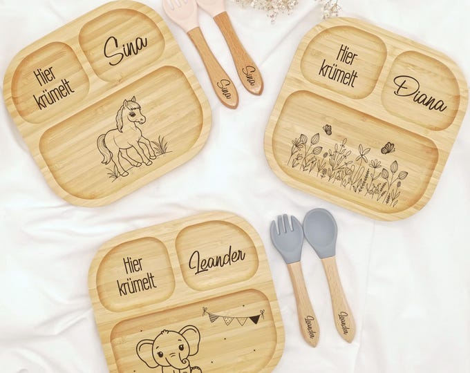 Personalized children's plate, baby plate with suction cup, bamboo plate with name, plate with engraving, children's cutlery set, baby cutlery silicone