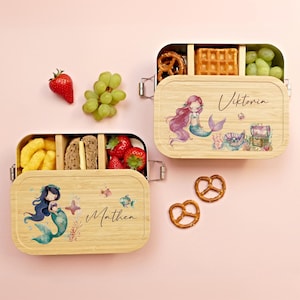 Boîte à lunch, sirène, personnalisée, enfants, filles, boîte à lunch, boîte à pain, bambou et acier inoxydable, boîte à lunch, cadeau pour la scolarisation