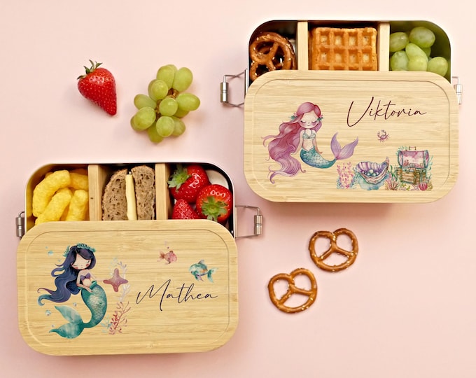Lunch box, mermaid, personalized, children, girls, lunch box, bread box, bamboo and stainless steel, lunch box, gift for school enrollment