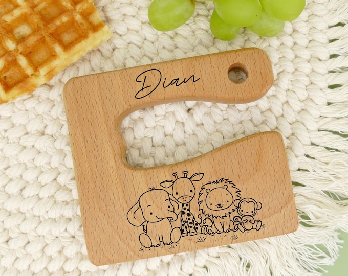 Montessori knife, children, personalized, children's knife wood, practice knife with name, Montessori knife, wooden knife with engraving, forest animals