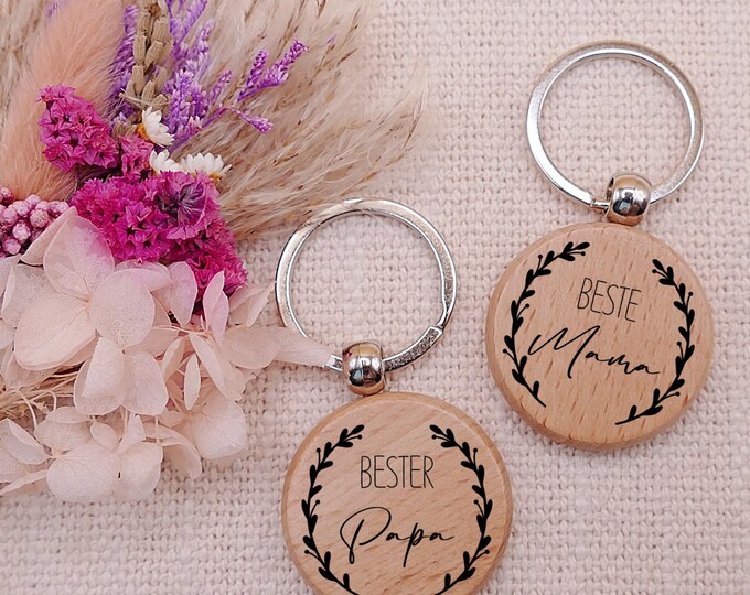 Wooden keychain, personalized, Mother's Day, Father's Day, round, pendant, with name, Mother's Day gift, Father's Day gift, Best Mom
