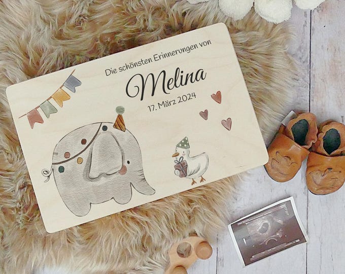 Memory box, personalized, baby, birth gift, bear, elephant, animals, childhood memories, FSC certified, little miracle