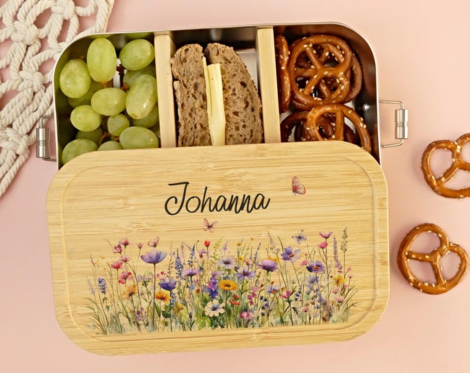 Lunch box, flowers, personalized, children, girls, lunch box, bread box, bamboo and stainless steel, lunch box, gift for school enrollment