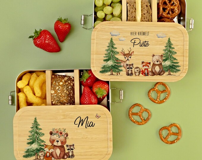Lunch box, forest animals, personalized, children, boys, girls, lunch box, bread box, bamboo and stainless steel, gift for school enrollment, kindergarten