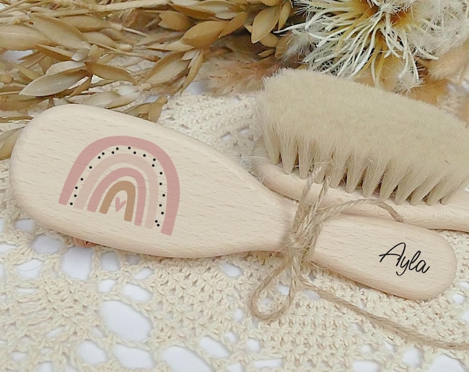 Personalized Baby Hairbrush, Brush for Babies, Goat Hair, Wooden Brush, Gift for Birth, FSC-Certified Wood, Rainbow