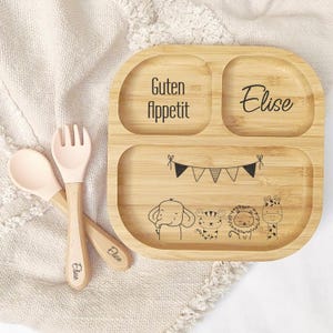Personalisierter Kinderteller, Babyteller mit Saugnapf, Bambusteller mit Namen, Teller mit Gravur, Kinderbesteck set, Babybesteck Silikon