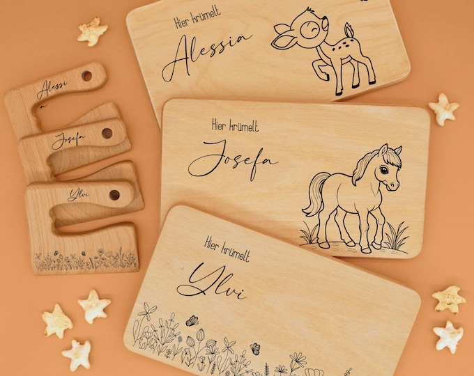 Breakfast board, children, personalized, horse, lion, breakfast board, animals, wooden board, Montessori knife, birthday gift