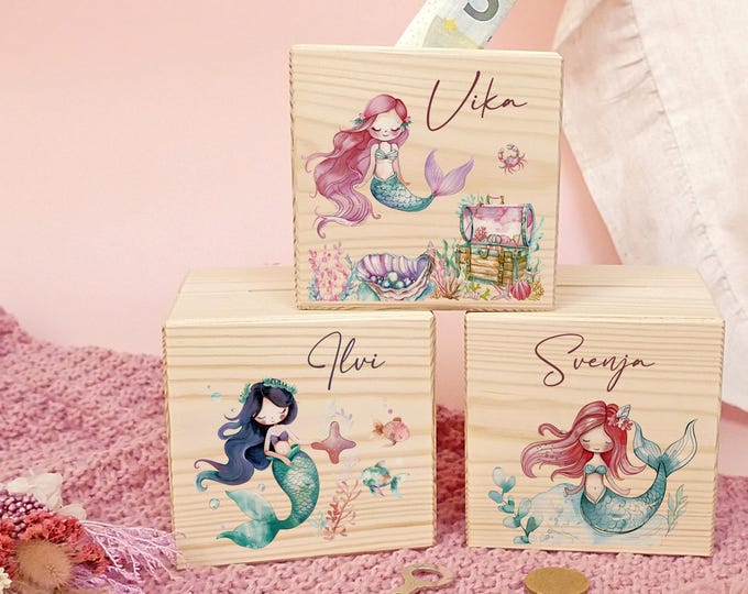 Money box, mermaid, children, personalized, wooden money box, personalized children's money box, metal lock with key, girl