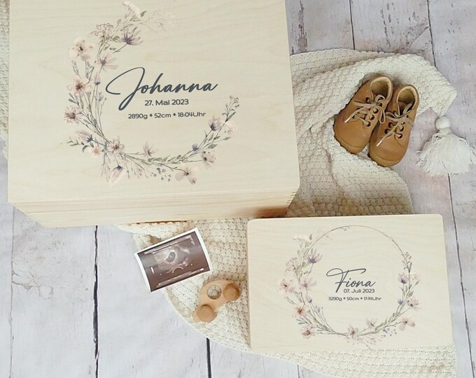 Memory box, personalized, baby, birth gift, flower wreath, flowers, childhood memories, FSC certified, little miracle