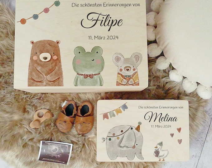Memory box, personalized, baby, birth gift, bear, elephant, animals, childhood memories, FSC certified, little miracle