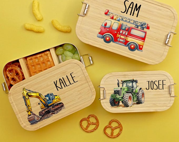 Lunch box, excavator, fire brigade, tractor, children, personalized, lunch box boys, lunch box, bamboo and stainless steel, gift for school enrollment