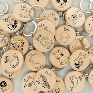 Llavero de madera personalizado, regalo para niños al comenzar la escuela, dije para mochila, colgante, redondo, león, oso, tigre, clase escolar