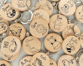 Personalized wooden keychain, children's gift for starting school, backpack charm, pendant, round, lion, bear, tiger, school class