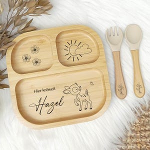 Personalisierter Kinderteller, Babyteller mit Saugnapf, Bambusteller mit Namen, Teller mit Gravur, Kinderbesteck set, Babybesteck Silikon
