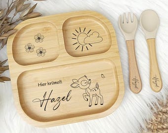 Personalisierter Kinderteller, Babyteller mit Saugnapf, Bambusteller mit Namen, Teller mit Gravur, Kinderbesteck set, Babybesteck Silikon