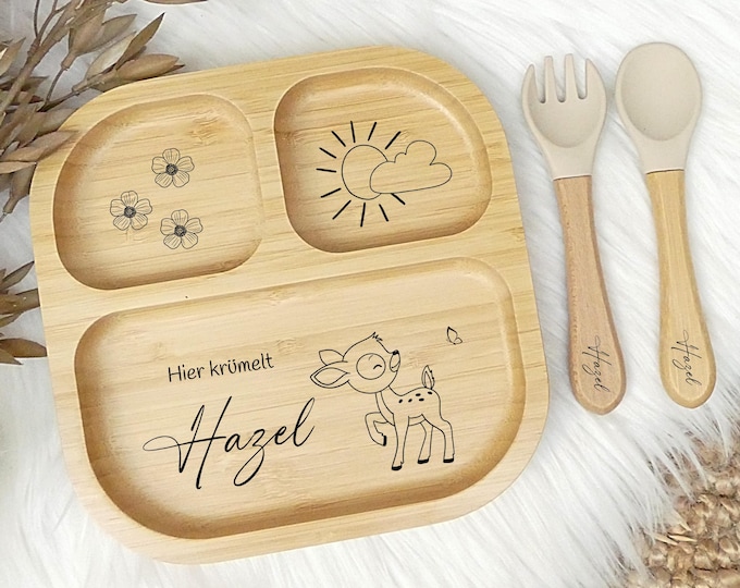 Personalized children's plate, baby plate with suction cup, bamboo plate with name, plate with engraving, children's cutlery set, baby cutlery silicone