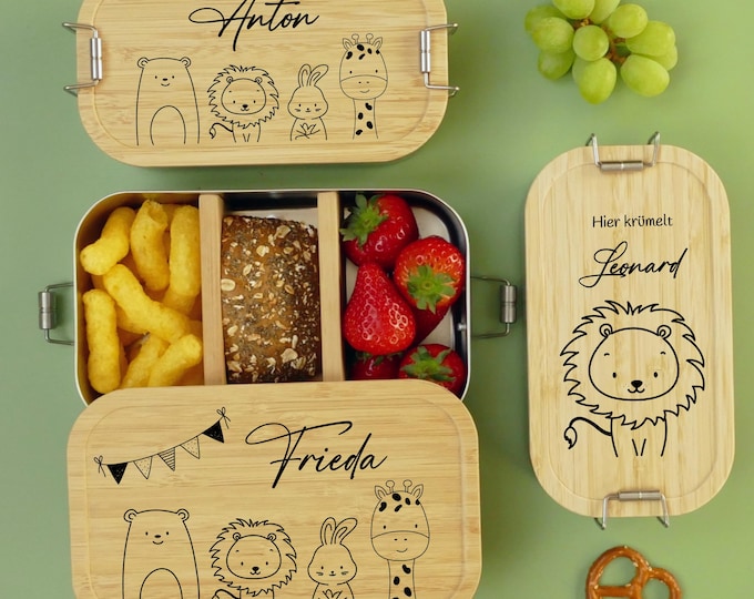 Lunch box, children, personalized, animals, lunch box boys, bread box, lunch box, stainless steel and bamboo, gift for school enrollment, animal motif