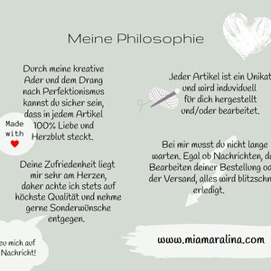 May include: A light green background with white text that reads "Meine Philosophie". The text describes the maker's philosophy of creating unique, handmade items with love and care. The text also mentions that the maker is committed to high quality and fast shipping.