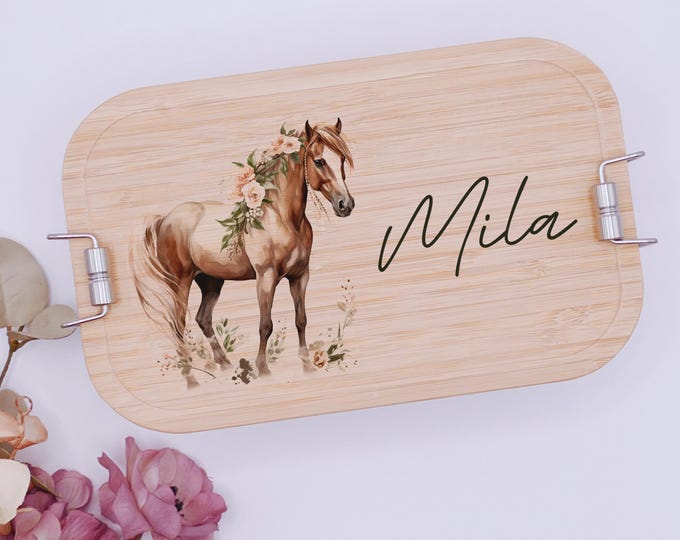 Lunch box, horse, personalized, children, girl, lunch box, bread box, horse girl, bamboo and stainless steel, gift for school enrollment