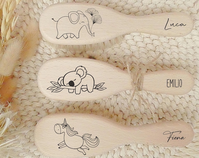 Personalized baby hairbrush, goat hair, brush for babies, wooden brush, birth gift, FSC-certified wood, animal motifs