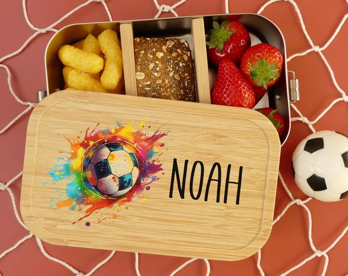 Lunch box, football, personalized, children, boys, lunch box, bread box, bamboo and stainless steel, lunch box, gift for school enrollment