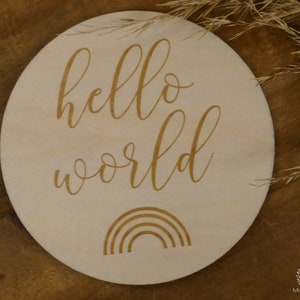 Milestone card, hello world, wooden disc image 1