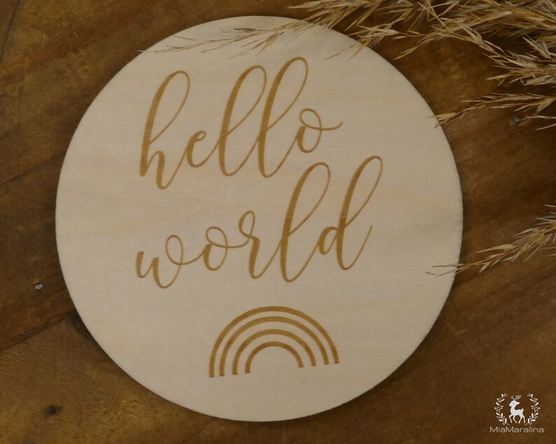 Milestone card, hello world, wooden disc image 1