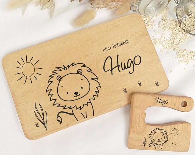 Frühstücksbrettchen, Kinder, personalisiert, Geschenk zum Geburtstag, Frühstücksbrett, Brettchen, Holzbrettchen, Löwe, Bär, Montessorimesser
