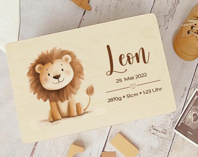 Memory box, personalized, baby, birth gift, lion, childhood memories, FSC certified, little miracle