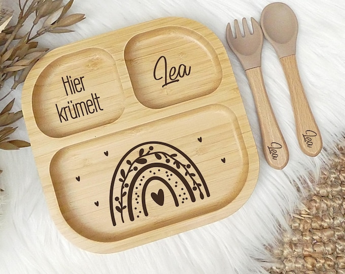 Personalized children's plate, baby plate with suction cup, bamboo plate with name, plate with engraving, children's cutlery set, baby cutlery silicone