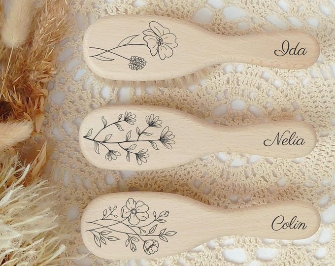 Personalized Baby Hairbrush, Brush for Babies, Goat Hair, Wooden Brush, Birth Gift, FSC-Certified Wood, Christening Gift, Flowers