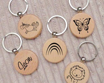 Porte-clés, personnalisé, pendentif sac à dos, avec nom, enfants, cadeau pour la scolarisation, bois, rond, lion, licorne, arc-en-ciel