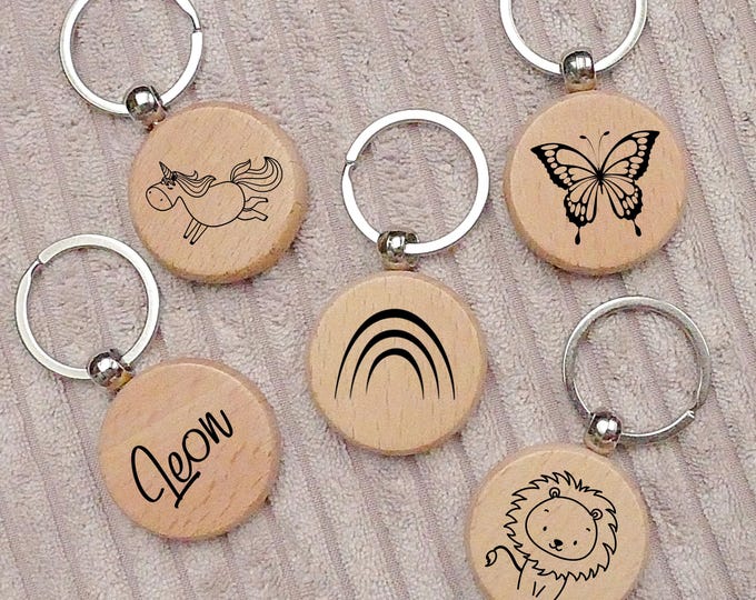 Keychain, personalized, backpack pendant, with name, children, gift for school enrollment, wood, round, lion, unicorn, rainbow