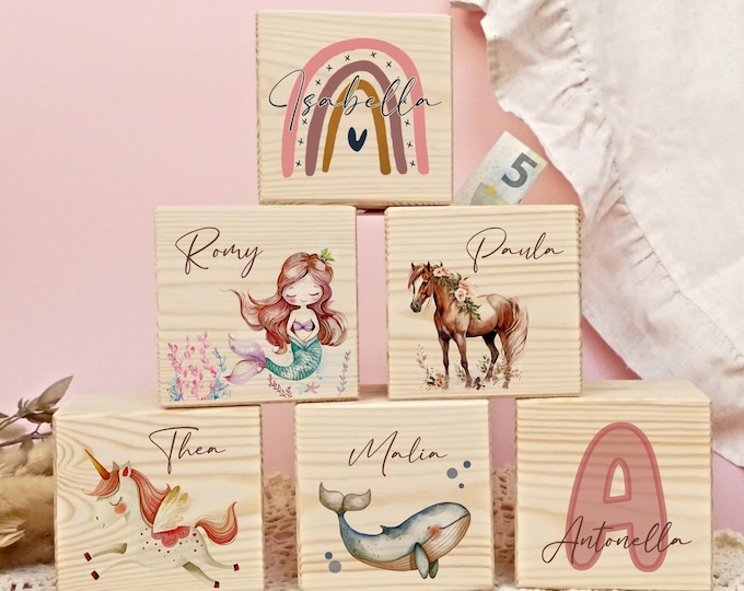 Money box, children, personalized, wooden money box, personalized children's money box, metal lock with key, girl, horse, rainbow, whale