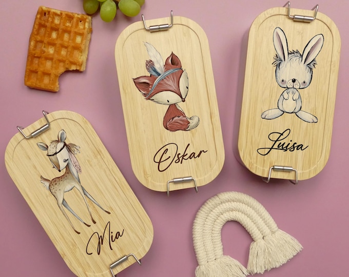 Lunch box, forest animals, personalized, children, lunch box, lunchbox, bamboo and stainless steel, gift for school enrollment, kindergarten