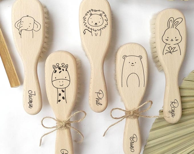 Personalized baby hairbrush, goat hair, brush for babies, wooden brush, gift for birth, FSC-certified wood, animal motifs, lion