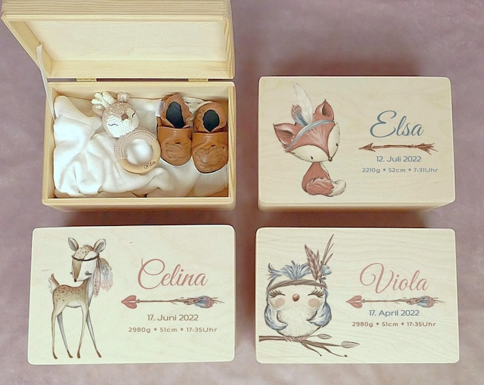 Memory box, personalized, baby, birth gift, forest animals, fox, deer, childhood memories, FSC certified, little miracle