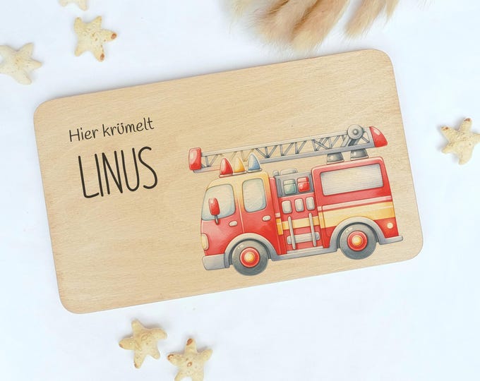 Breakfast board, fire brigade, children, birthday gift, breakfast board, board, fire engine, wooden board, fire engine