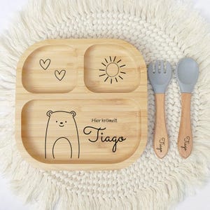 Personalisierter Kinderteller, Babyteller mit Saugnapf, Bambusteller mit Namen, Teller mit Gravur, Kinderbesteck set, Babybesteck Silikon