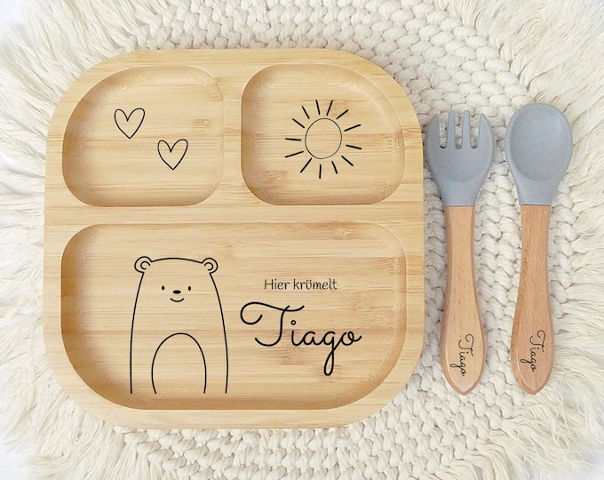 Personalized children's plate, baby plate with suction cup, bamboo plate with name, plate with engraving, children's cutlery set, baby cutlery silicone
