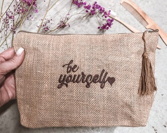 Cosmetic Bag | Toiletry Bag | Embroider Cosmetic Bag | Be Yourself | Makeup Clutch | Jutebeutel Bestickt | Embroidered Clutch | Wallet