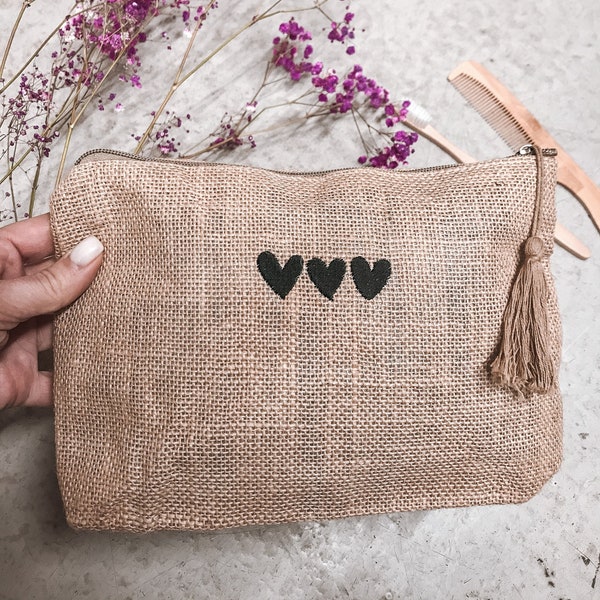 Accessory Bag | Embroider Toiletry Bag | Jutebeutel Bestickt | Toiletries Bag | Cosmetic Storage Bag | Jute Cosmetic Bag | Travel Bag | Gift