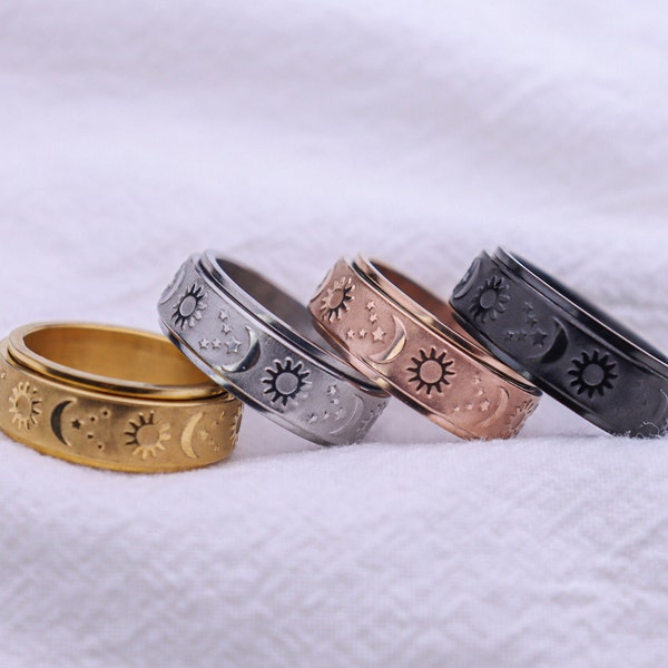 Fidget Sonne Mond Stern Ring, Angst Frau Schmuck, Spinner Anti Stress Jahrestag beste Freundin Geschenk, Unisex, Luxus Ring,Geschenk für sie