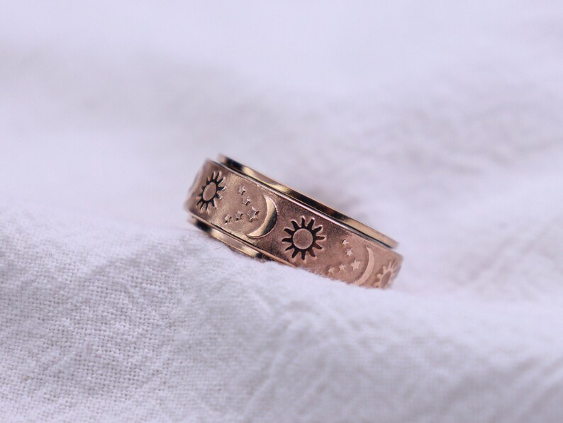 Fidget Sonne Mond Stern Ring, Angst Frau Schmuck, Spinner Anti Stress Jahrestag beste Freundin Geschenk, Unisex, Luxus Ring,Geschenk für sie Rose Gold