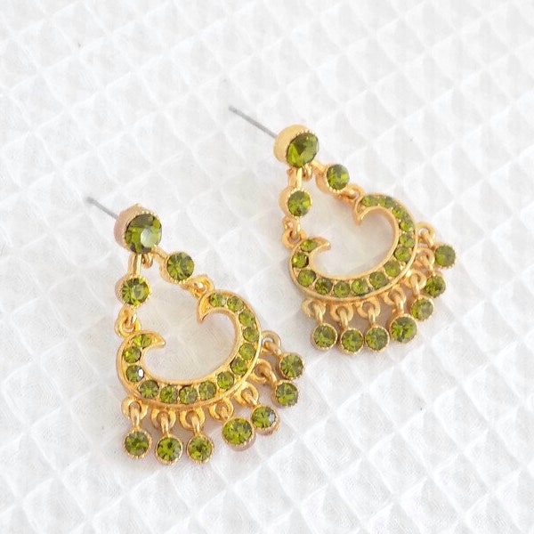 Gold Tone and Peridot Green Rhinestone Dangle Earrings - Vintage Jewelry - Faux Peridot - Dress Up Earrings  Bali Style