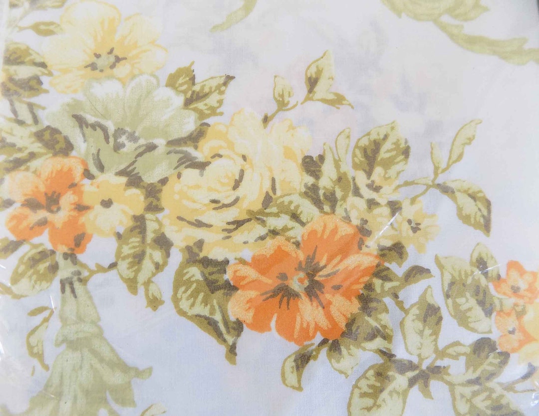 Full Size Flat White Cotton Sheet With Yellow Tones Floral Border Vintage Bedding, Home Decor